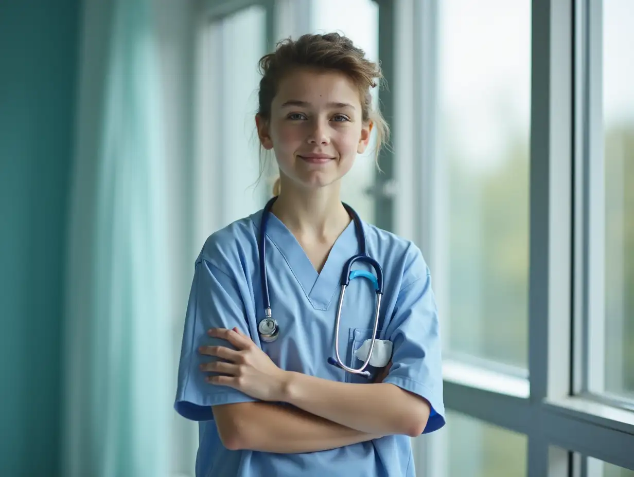 Young cancer patient standing in front of the hospital window