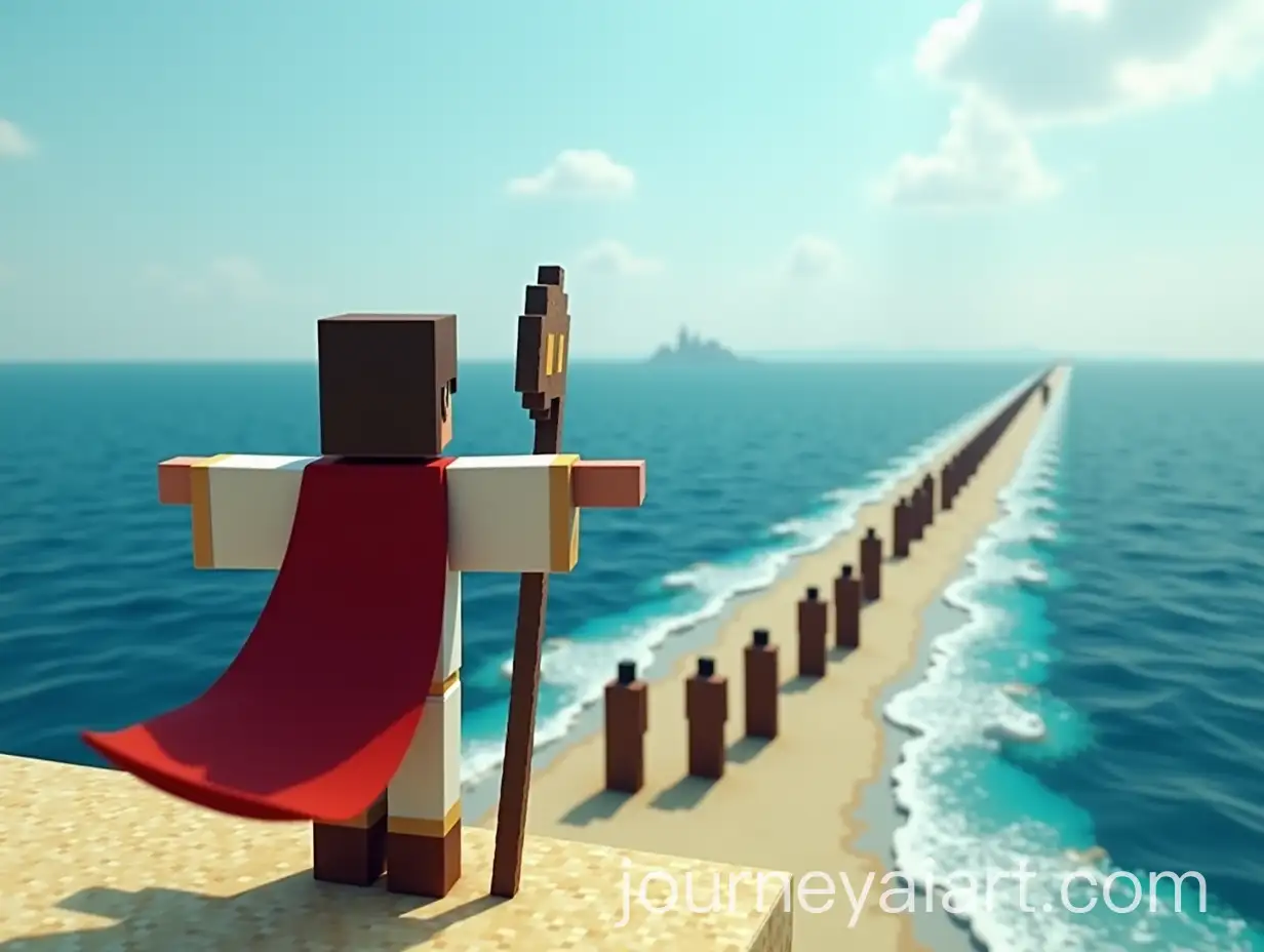 Minecraft-Character-as-Moses-Parting-the-Red-Sea-with-Jewish-People-Passing-Through