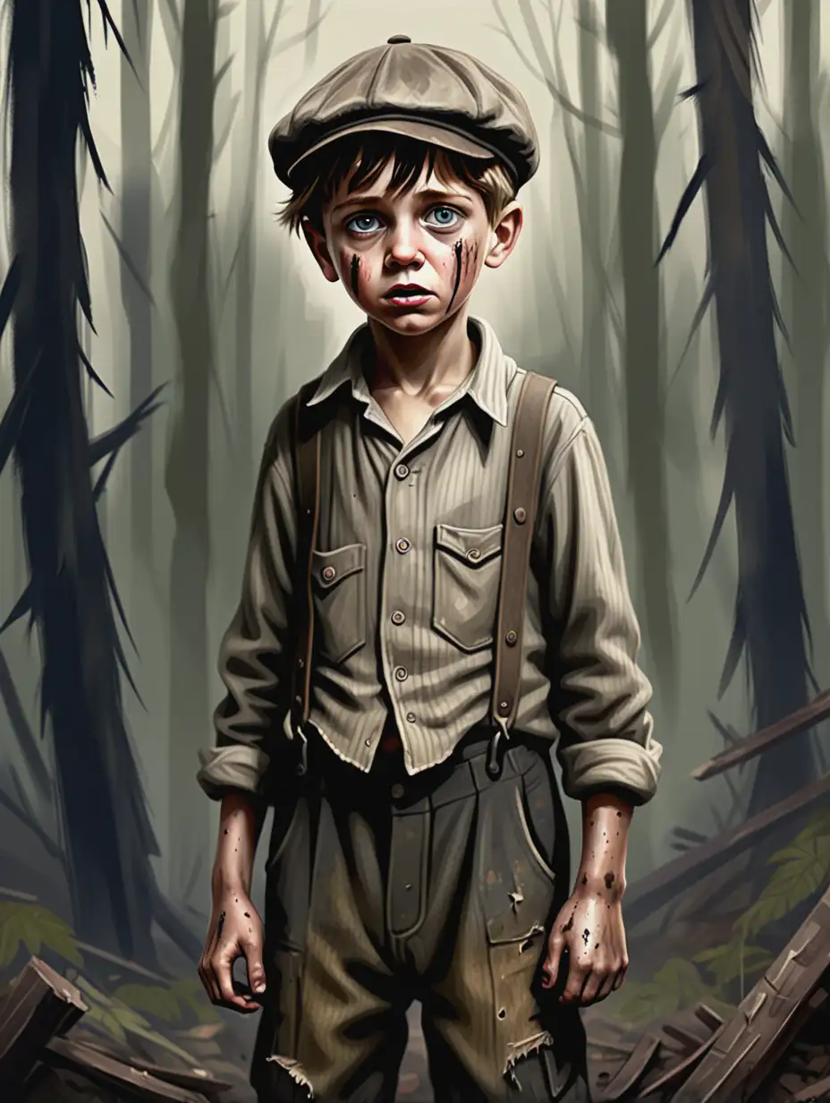 1920s Working Class Boy Alone in Forest Digital Painting