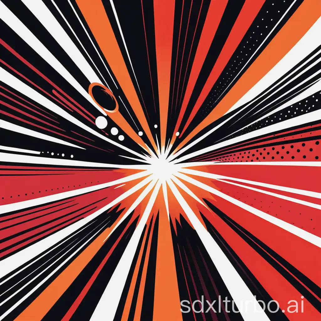 Comic book pop art background, 1-point perspective radial explosion, vibrant red black and orange, dense halftone Ben-Day dot texture, minimal white, dark central burst, bold motion lines, retro inked screen print style, no empty space in the middle