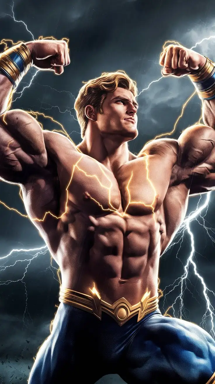 Supercharged brawn. Herculean powers. Golden electric glow. 23 years old. Superhero. Flexing triumphantly in a lightning storm. Photorealistic.