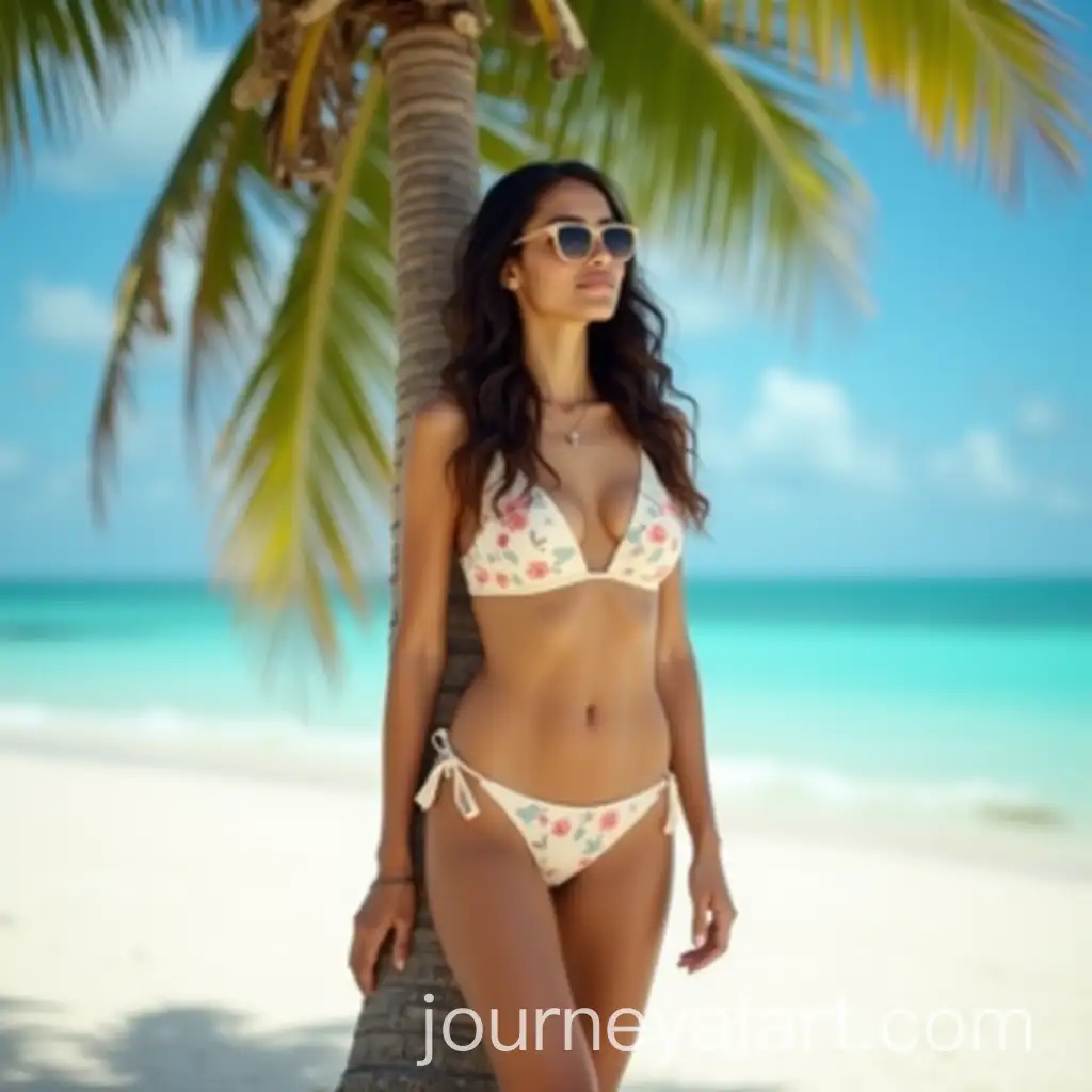 Indian-Woman-in-Floral-Bikini-Relaxing-Under-Palm-Tree-on-Tropical-Beach