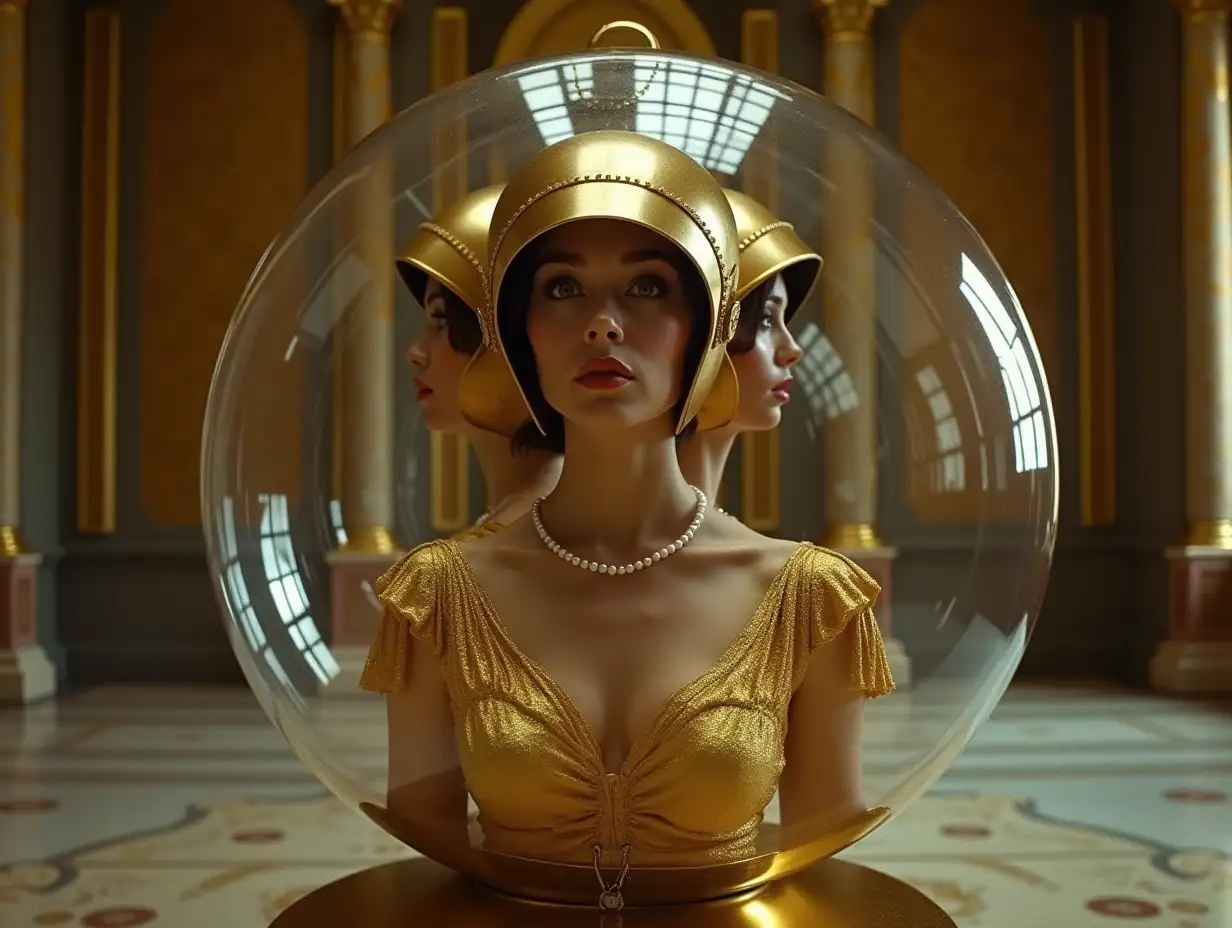 Woman-with-Two-Faces-in-Futuristic-Glass-Capsule-in-Gilded-Palace-Room