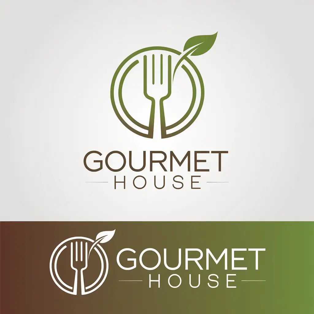 LOGO Design for Gourmet House Modern Circular Fork Leaf Emblem with Green and Earthy Brown Palette