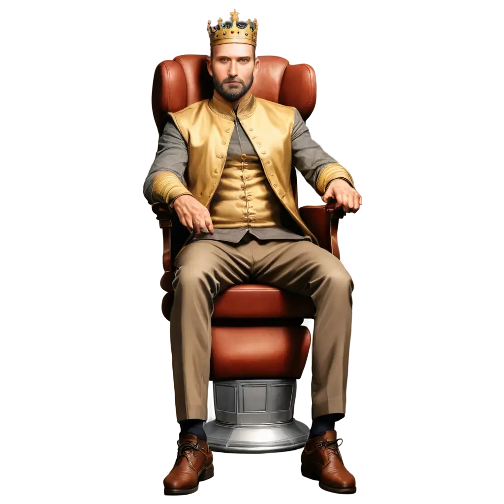 Vector-of-Medieval-Emperor-with-Beard-Crown-on-Head-Sitting-in-Barber-Chair-PNG-Image