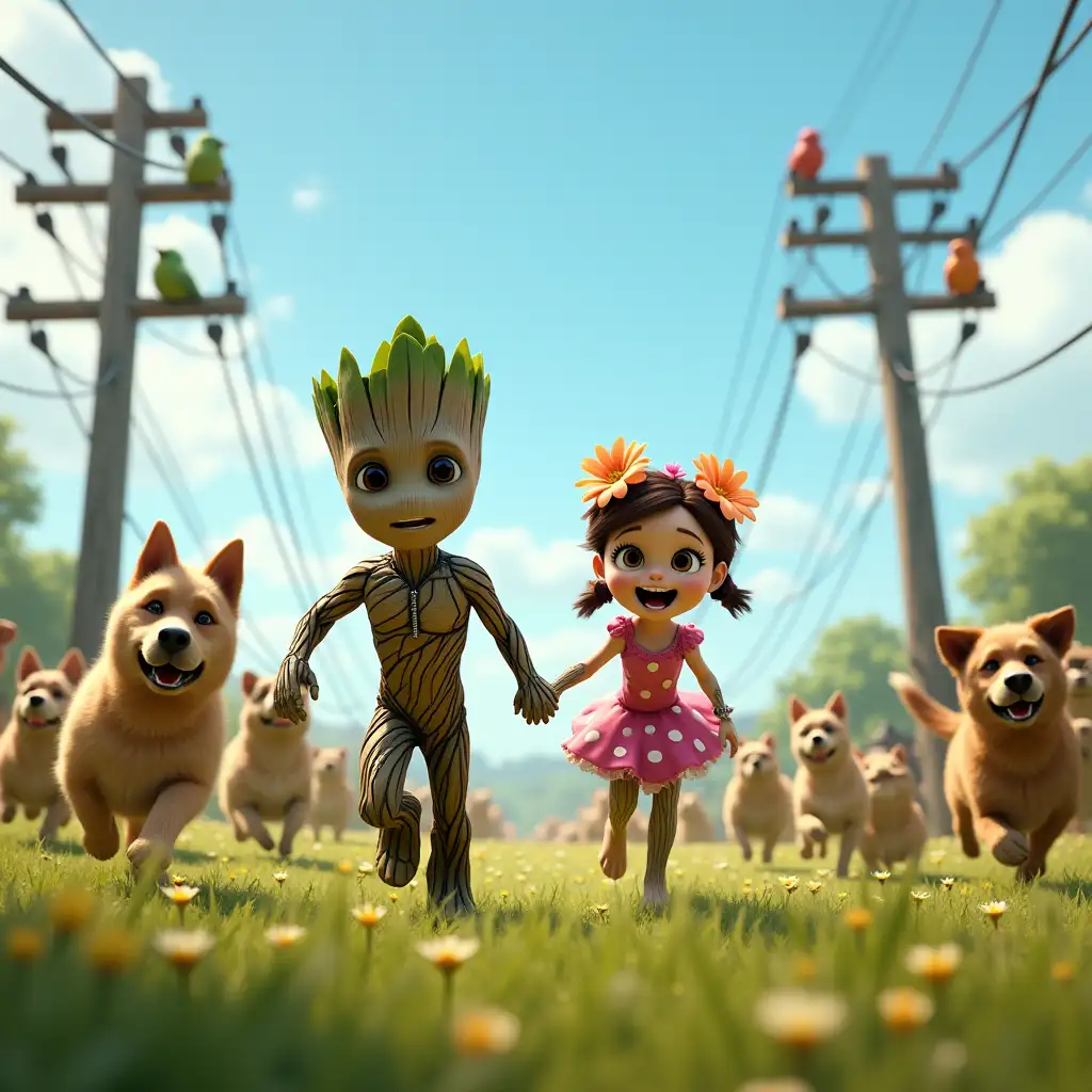 Teenage-Groot-and-His-Girlfriend-Running-from-Dogs-in-a-Meadow