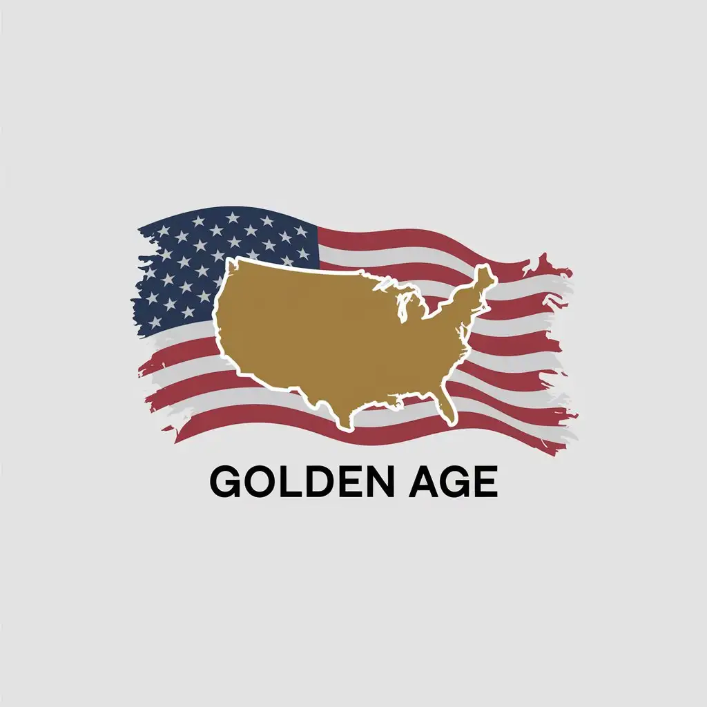 LOGO Design for Golden Age Solid Gold US Map on Wavy American Flag for Education Industry