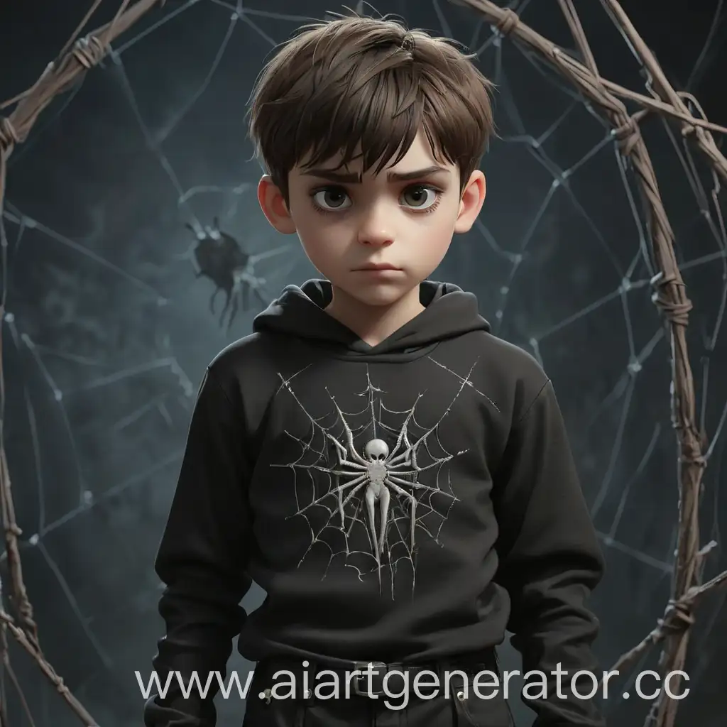 Boy-in-Gothic-Style-Black-Clothing-with-Merkons-Inscription-on-Cross-and-Spider-Web-Background