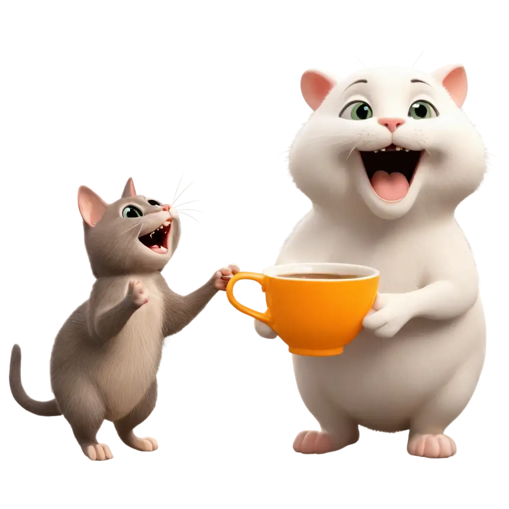 Cat hold a cup dog looking the cat and rat laughing