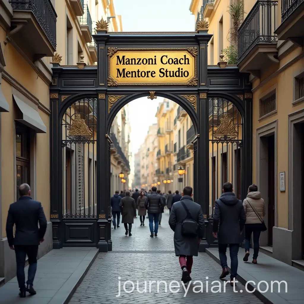 Pedestrian-Street-with-People-Walking-in-Front-of-Manzoni-Coach-Mentore-Studio-Gate