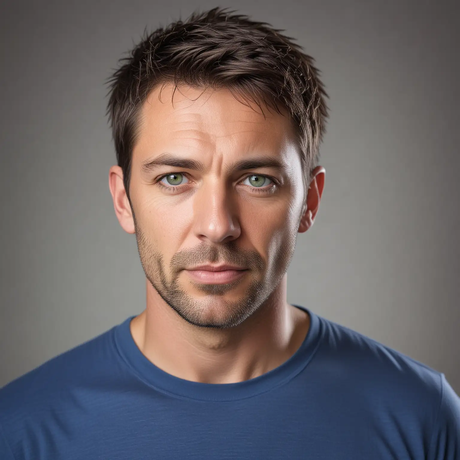 Portrait of a 38YearOld Man with Short Hair and Green Eyes in Blue TShirt