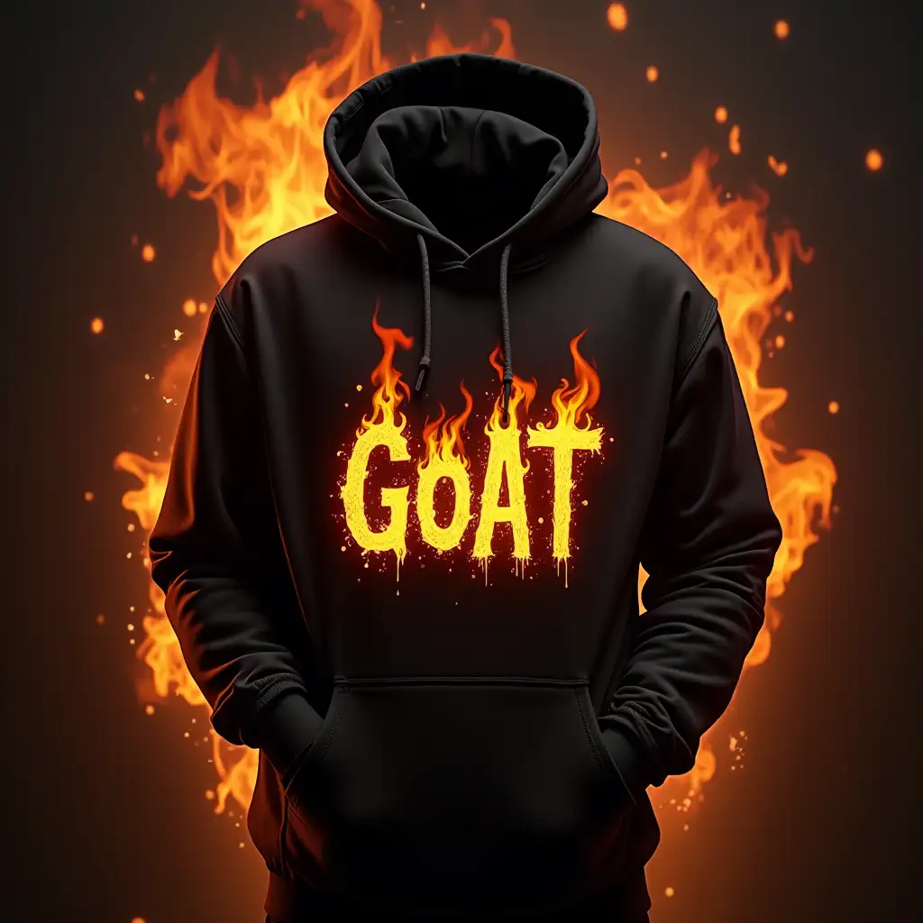 Hoodie with fire with text GOAT in gold