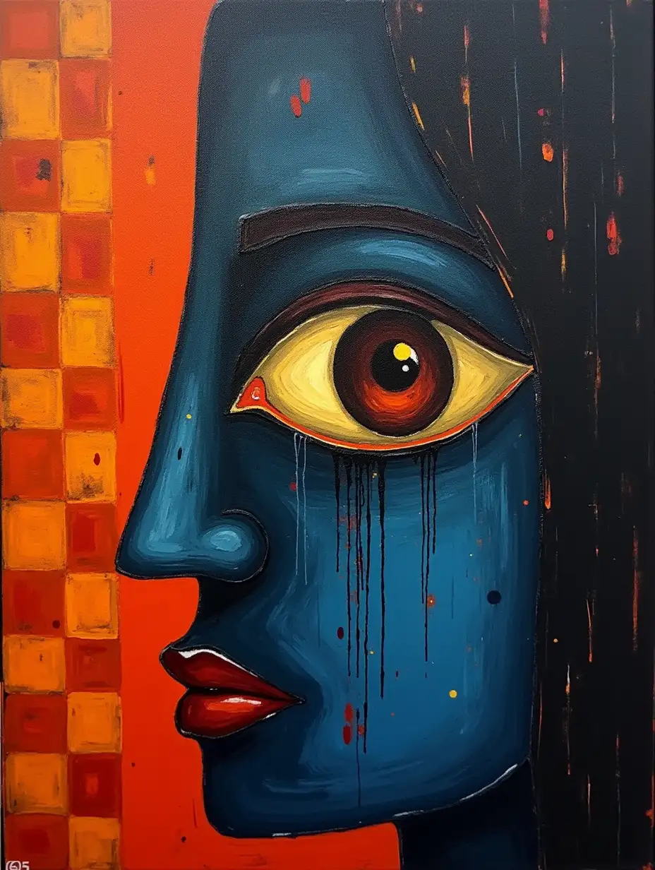 user_prompt: A picture in a checkered pattern, stripe, primitive schematically, minimalism, avant-garde, face, portrait, huge looming eye, shadow, plasma, darkness in the style of Kandinsky, Malevich, minimalism, simplify for beginner artist acrylic many colors, constructivism abstractionism, gloomily
