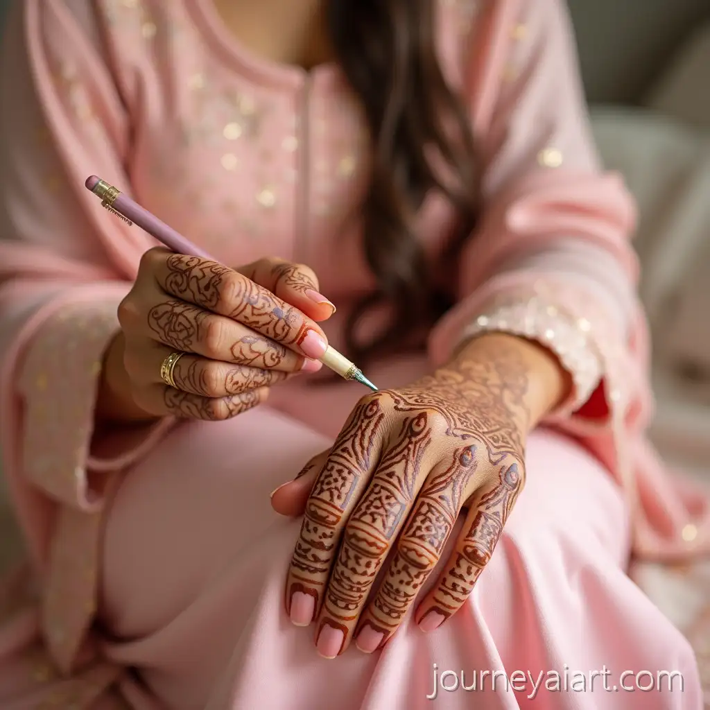 Bride-in-Light-Pink-Outfit-Applying-Henna-on-Hands
