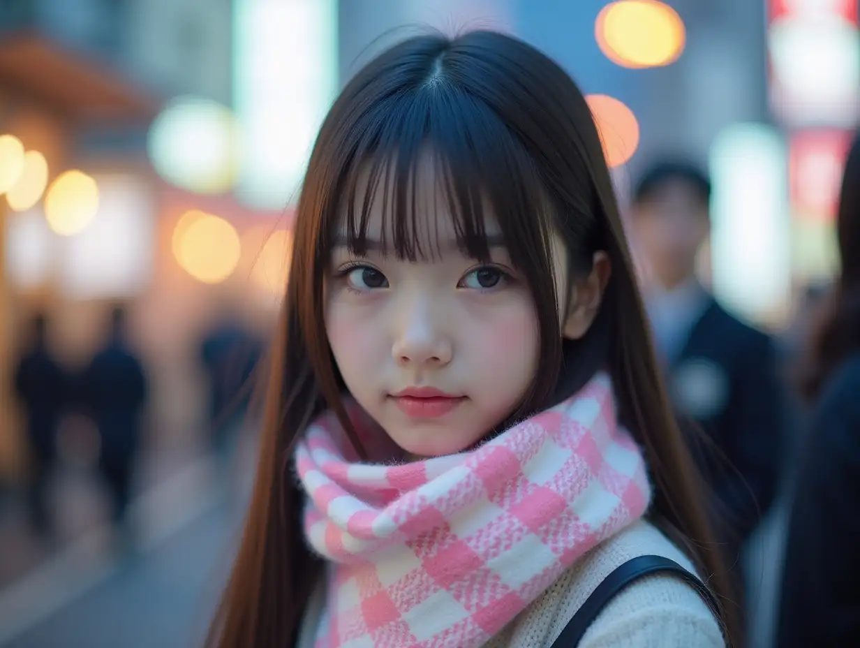 A Japanese school girl with long, straight hair is wearing a white and pink checkered scarf. Delicate features. super soft focus. The background features blurred lights, indicating an outdoor setting, possibly in the evening or in a cityscape. The scarf's pattern and the lighting add visual interest to the image, creating a cozy and stylish atmosphere.