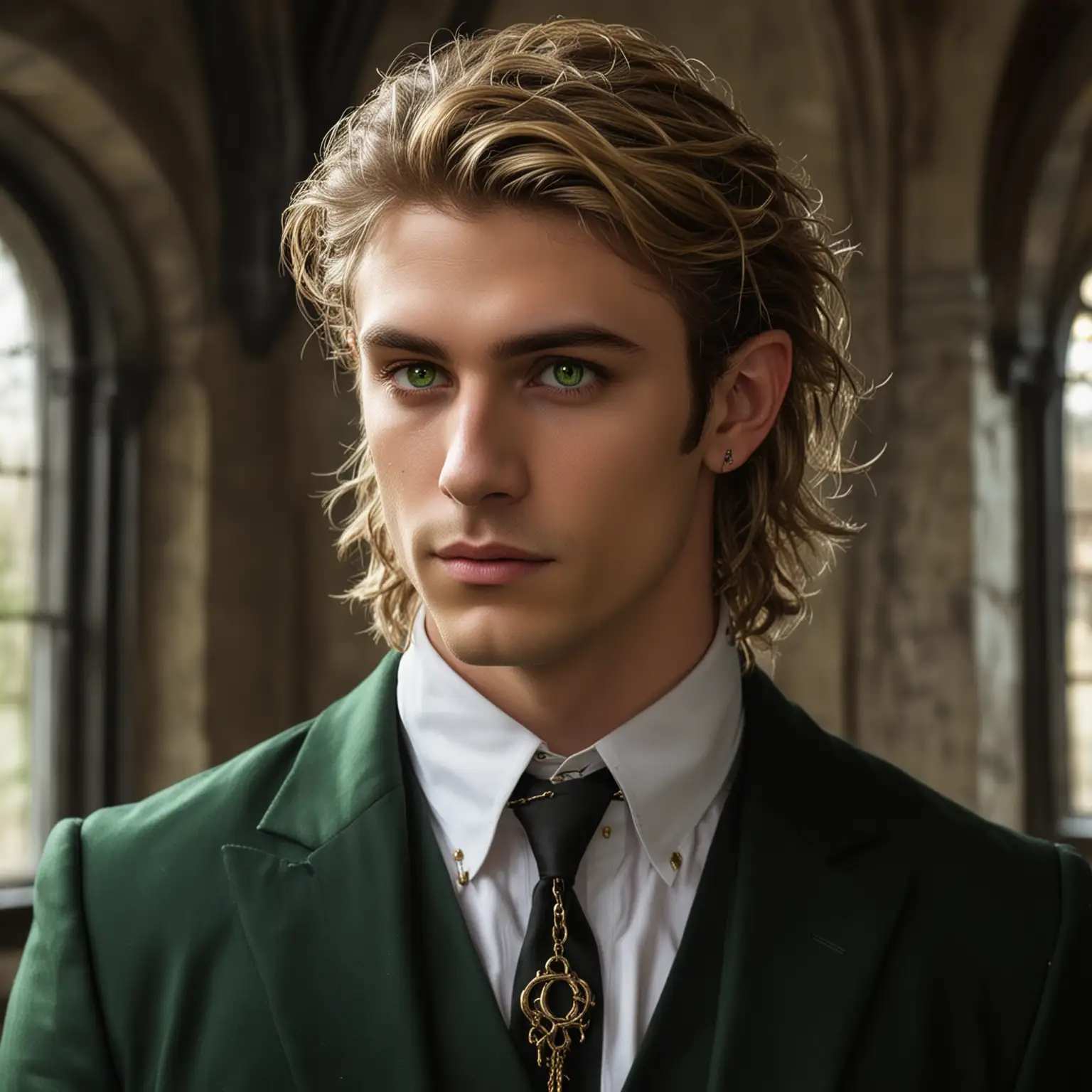 Fantasy Male Elf in Black and Gold Suit with Stag Pendant at Gothic Mansion