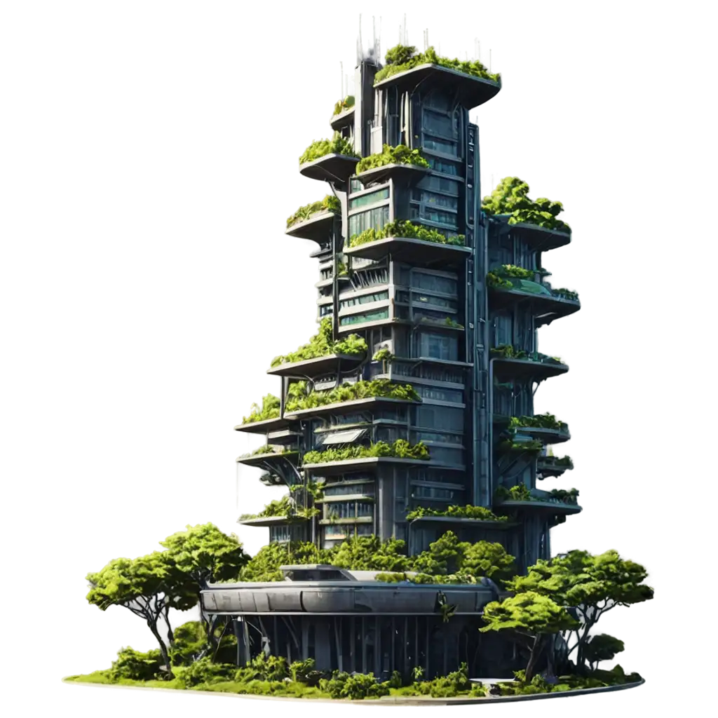 PNG-Utopian-City-Building-Plants-Cyberpunk-Imagining-a-Futuristic-Landscape