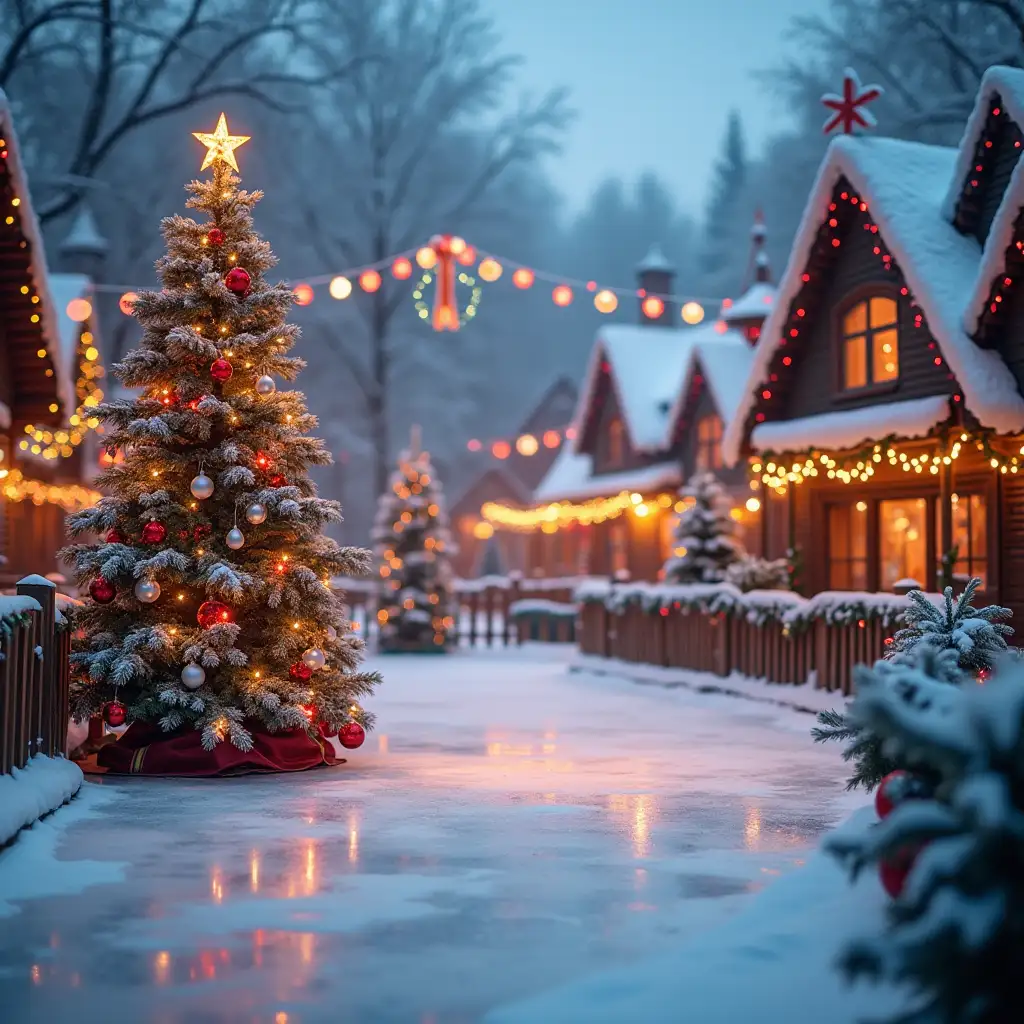 Ice rink with a Christmas tree in a fairy tale village with multicolored garlands, surrounded by a decorated fence, blurred background