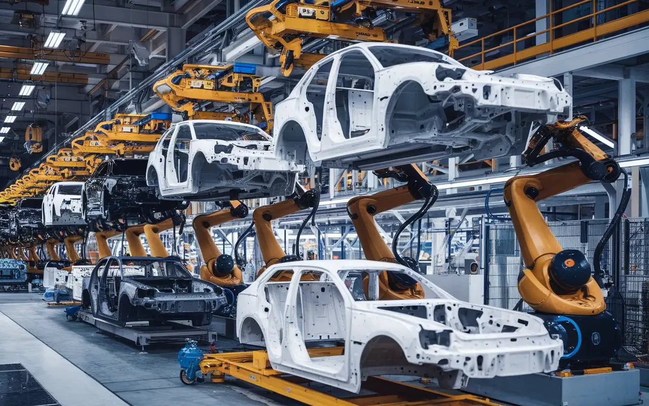 Robots Working in Mega Car Factory with Unfinished Vehicles