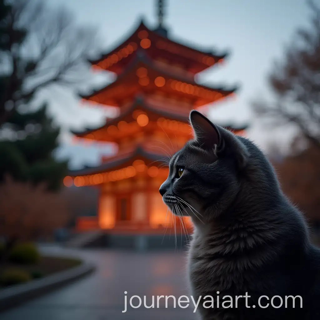 Closeup-of-a-Cat-with-Shinto-Temple-Tower-in-Background