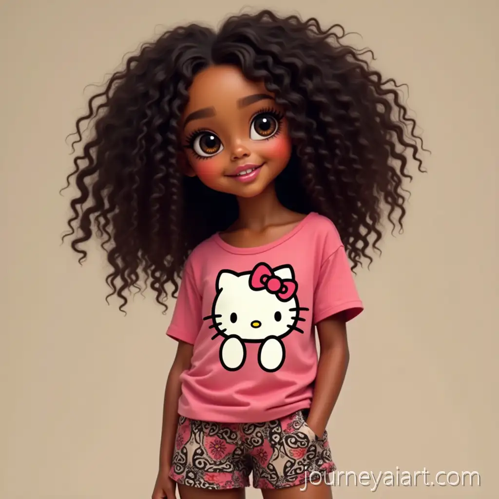 Dark-Brown-Curly-HairedCurly-haired-girl-prompt-Girl-in-Pink-Hello-Kitty-Shirt-and-Baroque-Style-Shorts