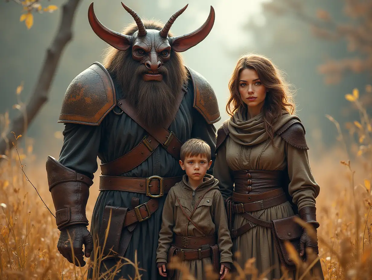 Ki-Fantasy family,Man,Woman, and Children, giant Ant-face with beard and with wooden armor equipment