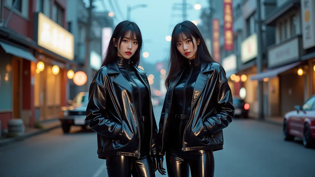 realistic photo , 2 asian woman standing , wearing shinny pvc jumpsuit , shinny pvc jacket , wearing shinny pvc thigh high boots , shinny pvc gloves , in japanese street at dusk with nissan r32