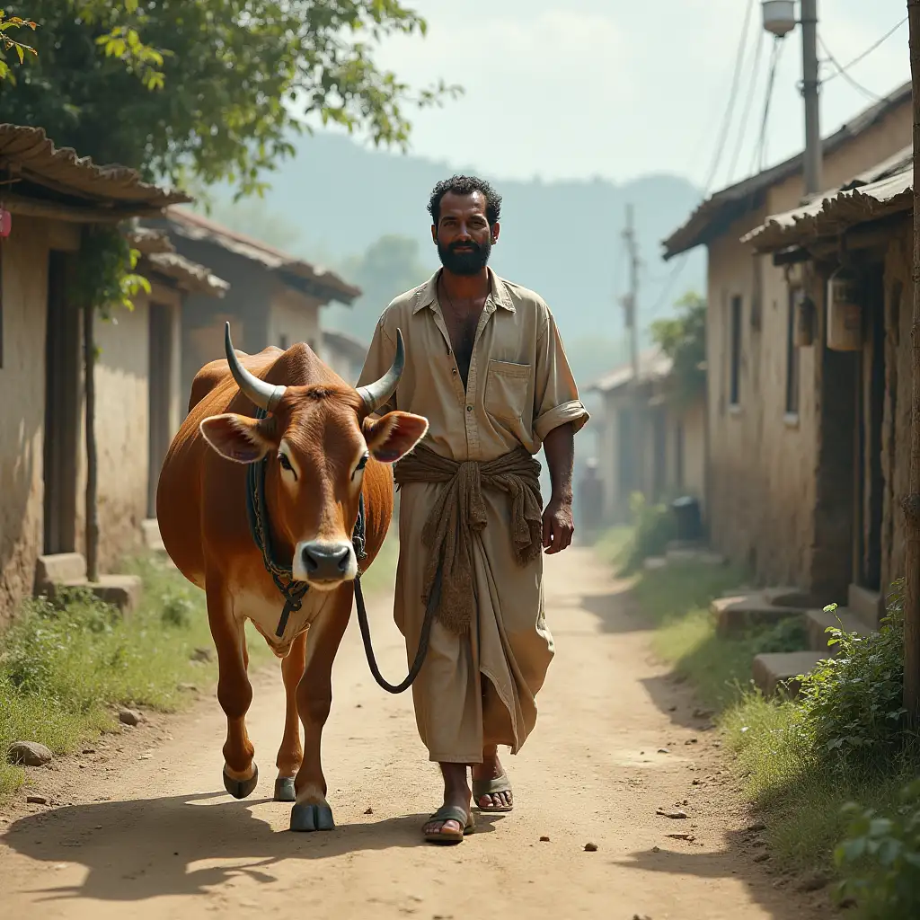 A man leading a cow through the village