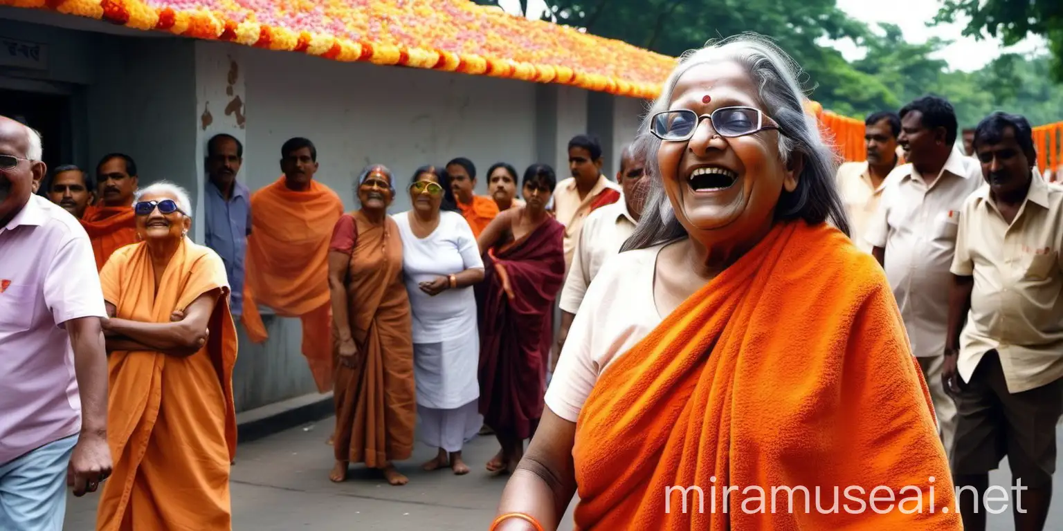 Elderly Hindu Woman Monk Smiling in Namaste Pose at Ashram Gate