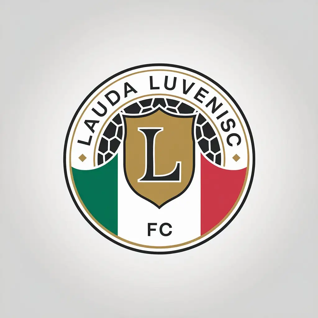 LOGO Design for Lauda Luvenis FC White Gold Black with Shield and Italy Flag Elements