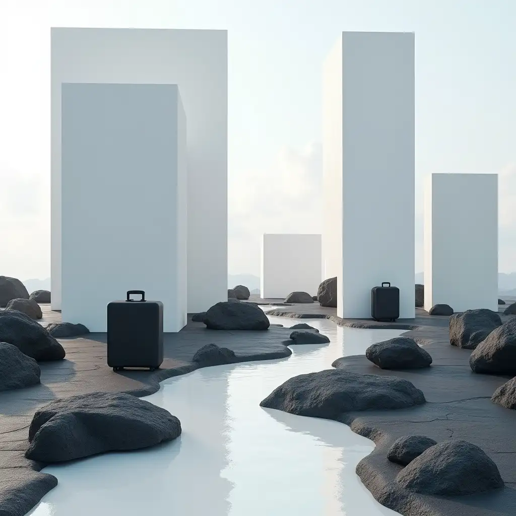 Surreal Outdoor Scenery with Pillars and Suitcases