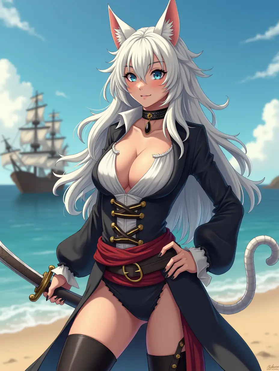 A mature adult feline/woman dressed as a pirate with a sword on a beach.  A pirate ship in the background. Her 30-something years are disguised by her youthful facial features, except for her subtle wrinkles around the eyes, extremely slender body. Her ample bosom strains against her clothing, threatening to burst free from the fabric, extreme cleavage.  Wearing black thigh high pirate boots. She has piercing blue cat eyes. A choker adorns her neck, a subtle hint at her feline nature. Her long, white hair cascades down her back like a wild waterfall, tangled and disheveled. Her cat-like teeth glint in the light, as her white fur-lined ears punctuate her visage with sparkling black and gold earring adorns each ear, adding a touch of elegance to her feline features. Cat whiskers on her face. The attached tail at the base of her spine stirs lazily.  Long fingernails. Full body view. Anime.