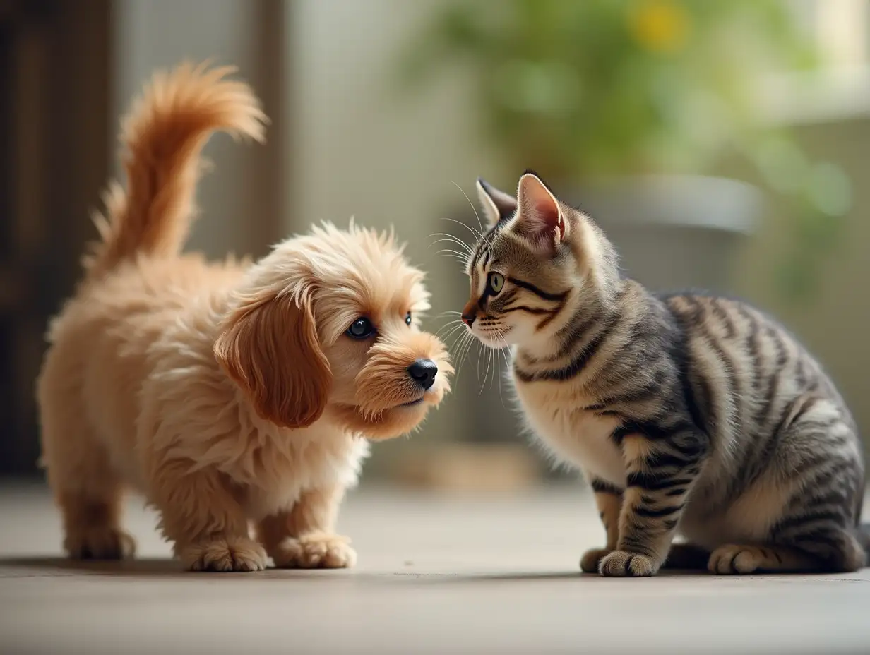 Give me a picture of a dog and a cat getting along