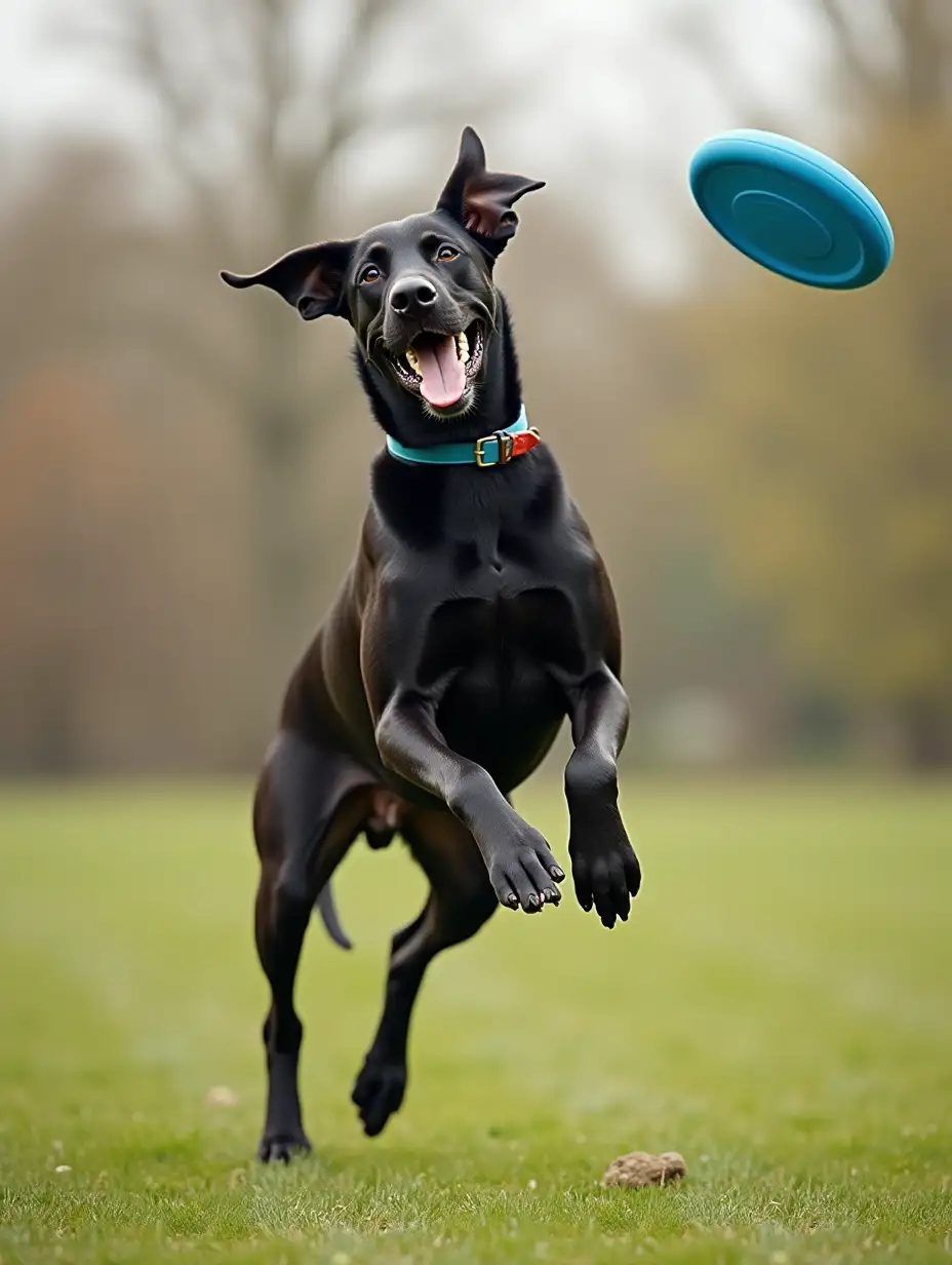 Black Great Dane jumping for a frisbee with slobber every where