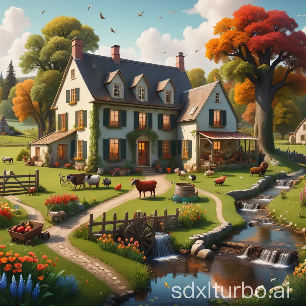 A landscape with a very beautiful country house, featuring an old-fashioned but slightly updated style, cozy, with vibrant colors, animals, farming tools, and a nearby stream.