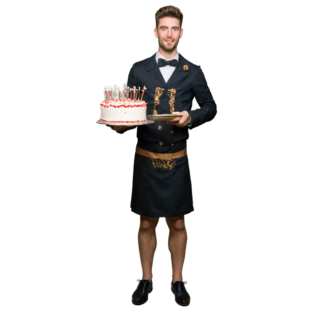 Man dressed as a servant holding a birthday cake. Full body image.