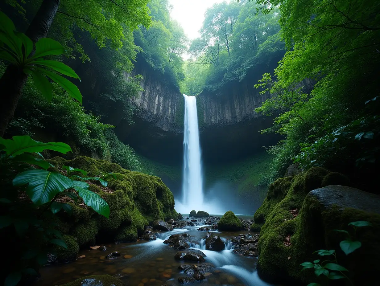 A wide-angle distant view from a low angle, showing a large waterfall in the heart of a lush, moist forest