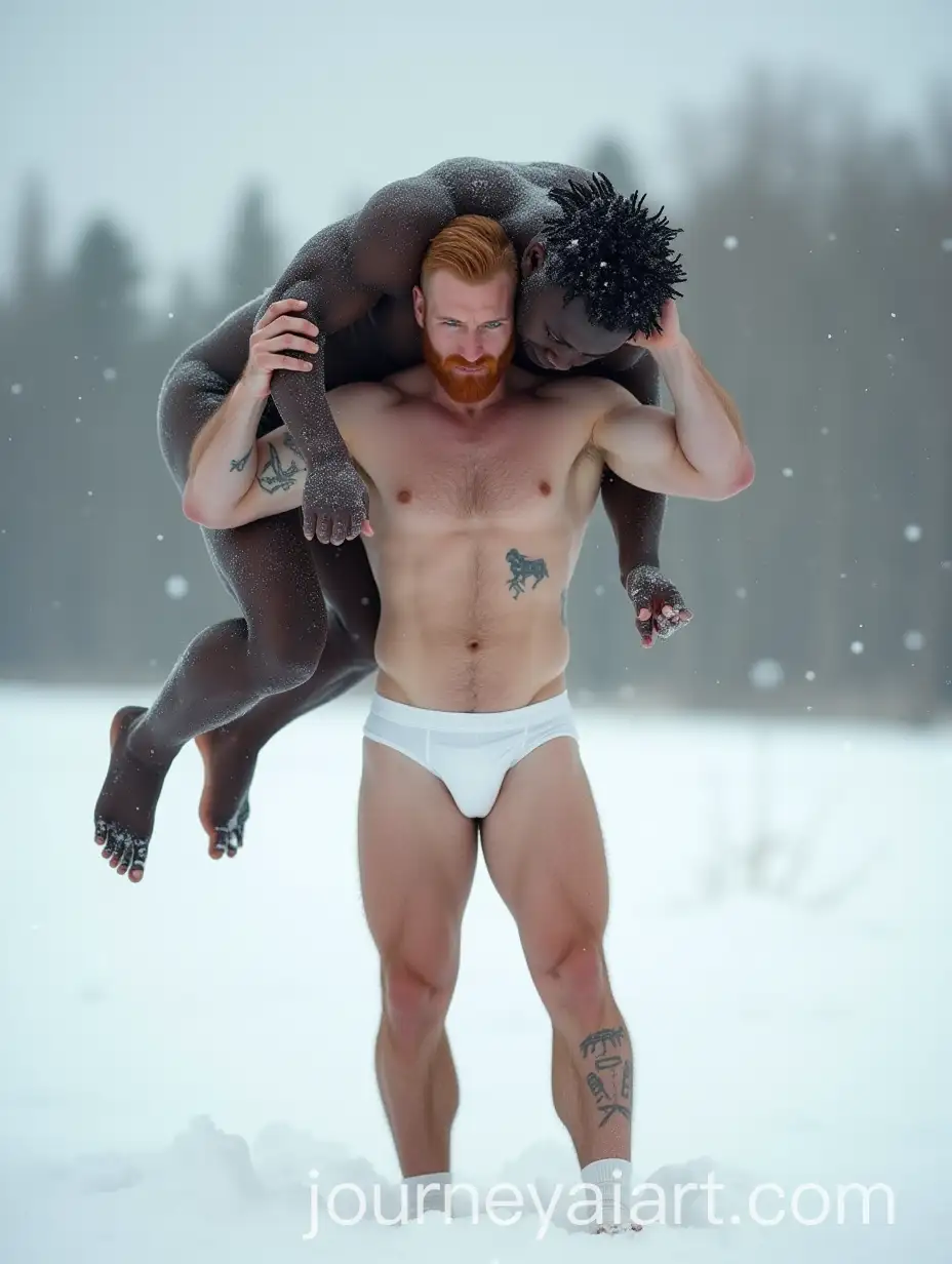 Beefy-Man-Lifting-Unconscious-Black-Man-in-Snowy-Landscape