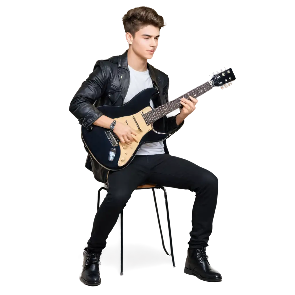 create an image of a young man playing the guitar sitting on a chair, light background