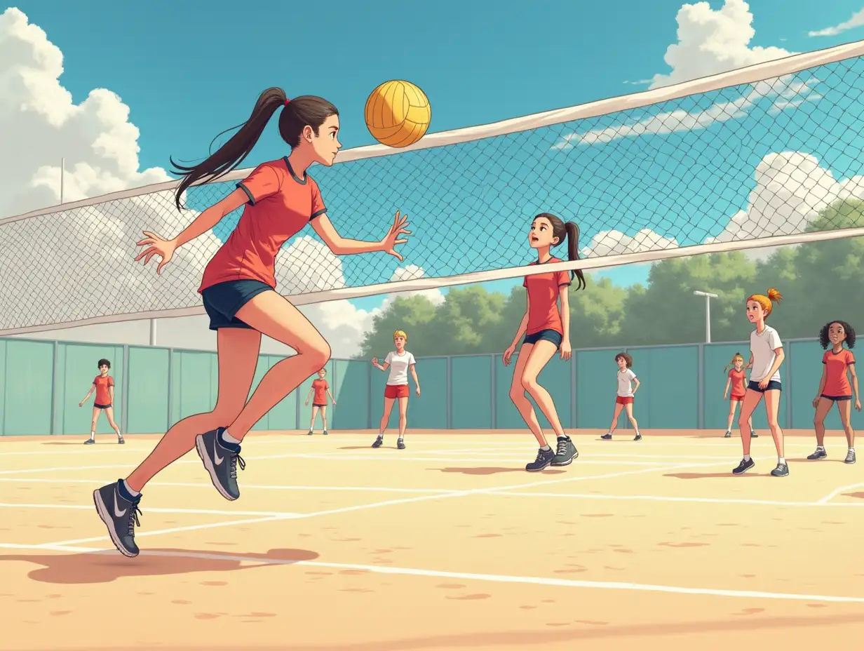 12 year old girls playing volleyball in gym, manga illustration