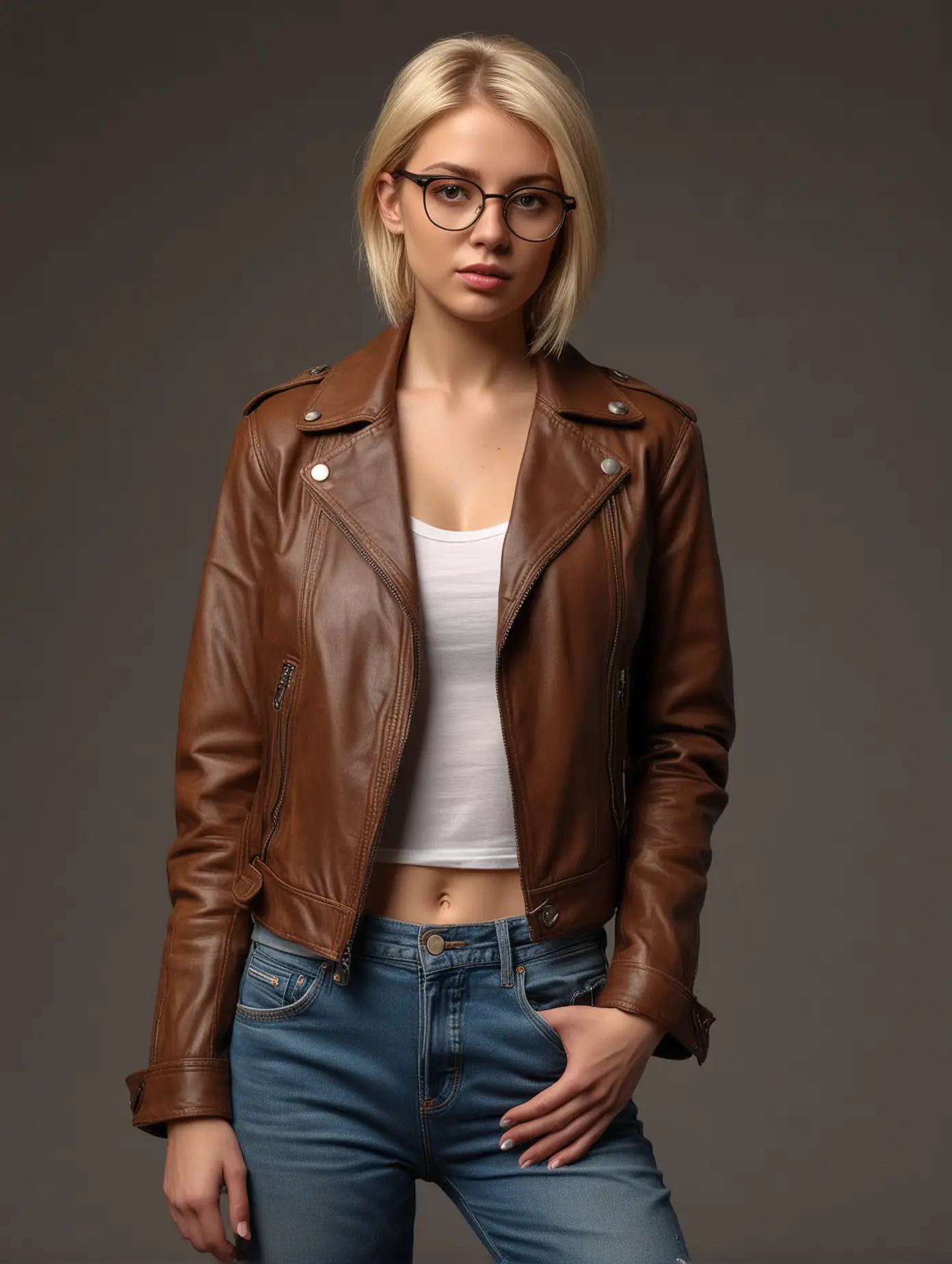 Blonde-Woman-in-Brown-Leather-Jacket-with-Serious-Expression-Against-Golden-Background