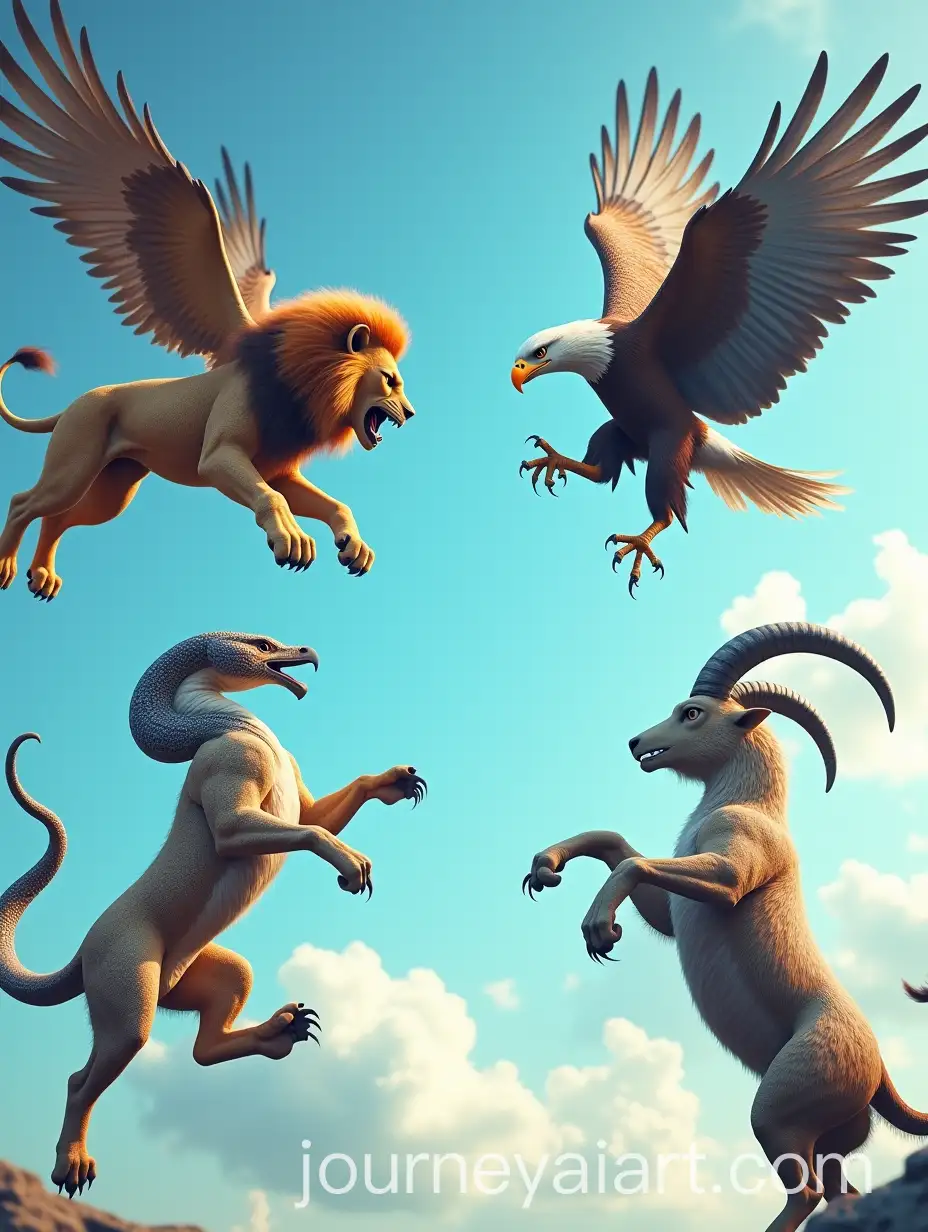 Four-Legendary-Creatures-in-MidAir-Standoff-Lion-Eagle-Snake-and-Goat