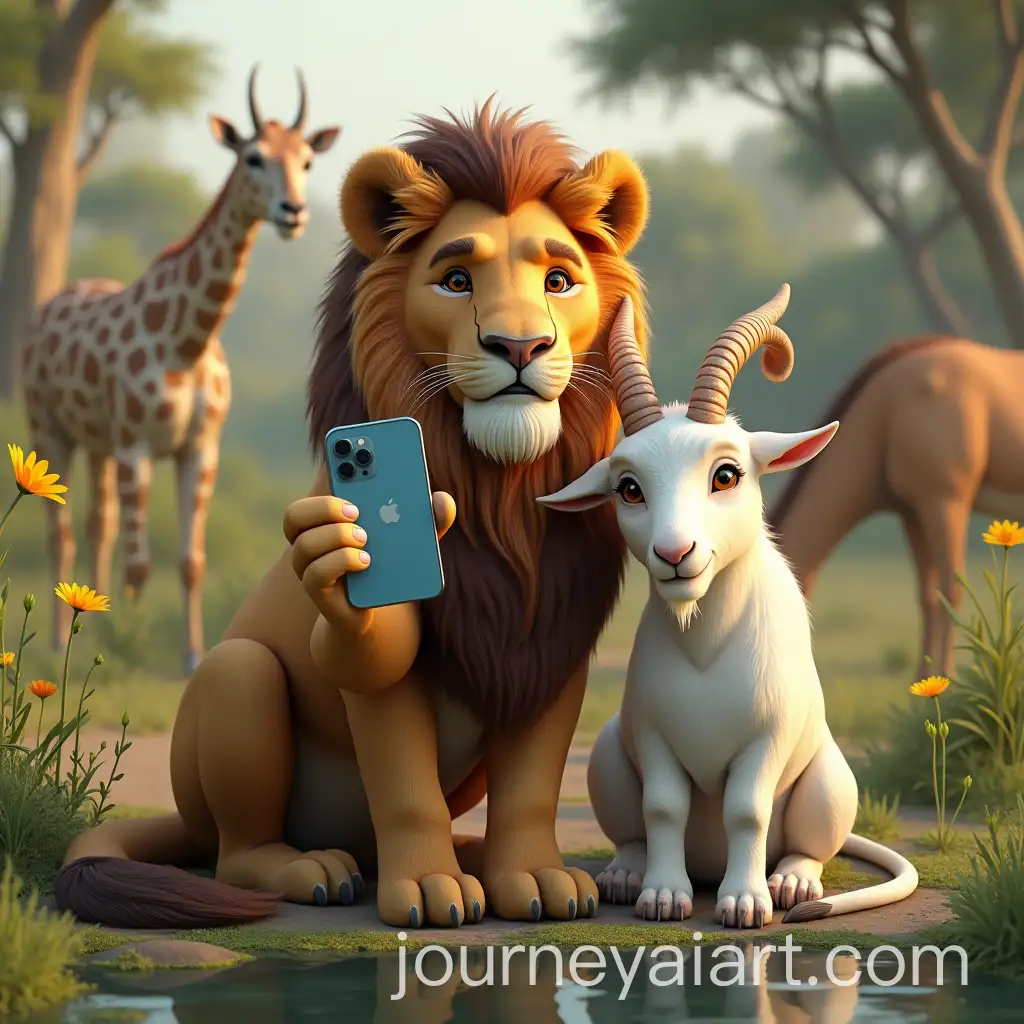 Lion-and-Goat-Taking-a-Selfie-by-a-Tranquil-Water-Body-with-Lush-Greenery