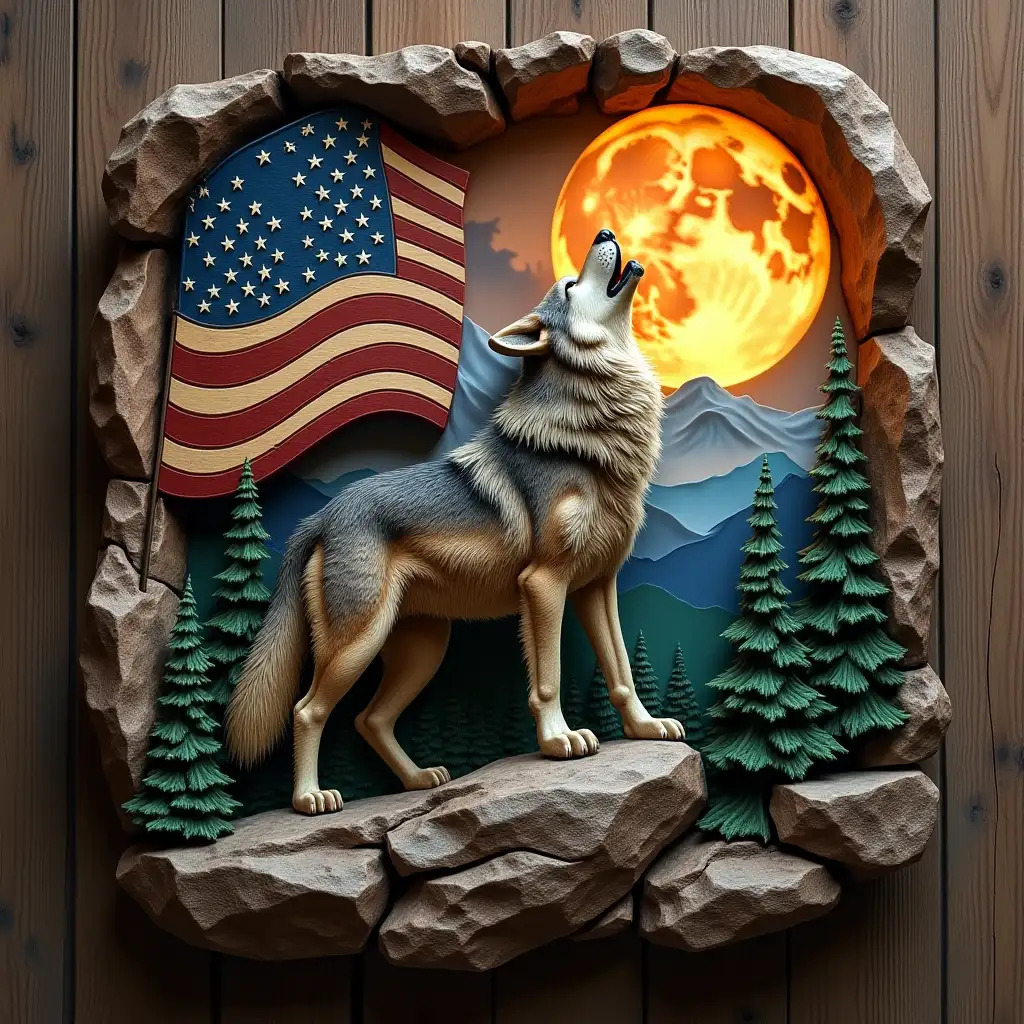 A detailed digital illustration of a majestic wolf standing on a rocky mountain peak, howling at the sky. Behind it, a rustic wooden American flag is embedded in a rugged, carved-out rock wall. The scene is set against a dramatic mountain landscape with evergreen trees, under a glowing full moon. The design has a realistic, wood-carved aesthetic with rich textures and earthy tones. sculptural style