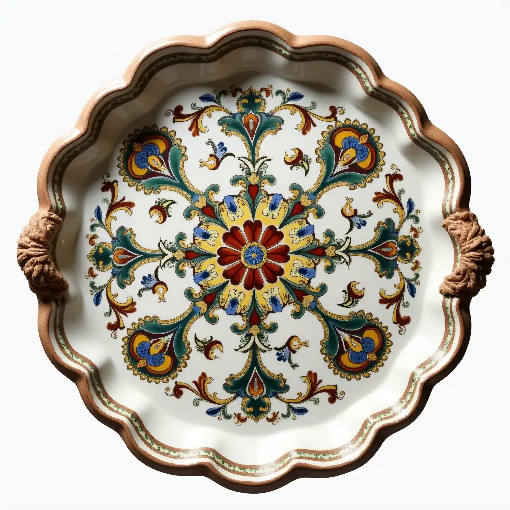 Ruffled edge circle ceramic tray with embossed beautiful handle, Underglaze painting on white body, Fine art, Hyper detailed, Antique and old, Qajar art, Iranian Tabriz carpet design