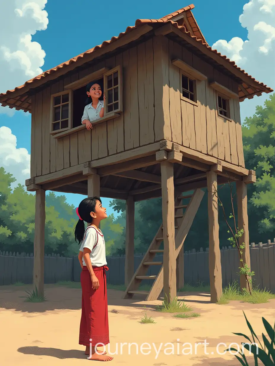 Traditional-Indonesian-Stilt-House-with-Young-Girls-in-Traditional-Clothing-Engaged-in-Conversation