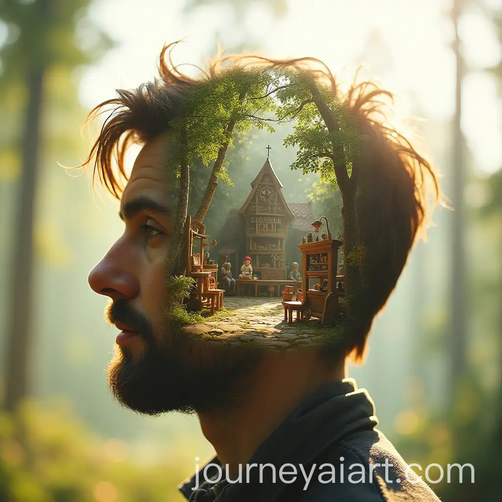 Double-Exposure-Shot-of-a-Fairytale-Workshop-Inside-a-Mans-Head