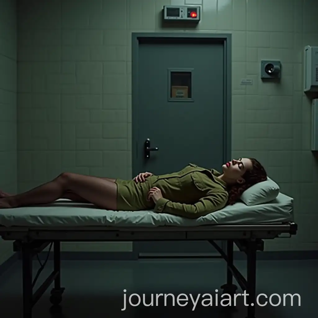Athletic-Young-Military-Woman-in-Transparent-Black-Tights-Lying-on-a-Gurney-in-Underground-Prison