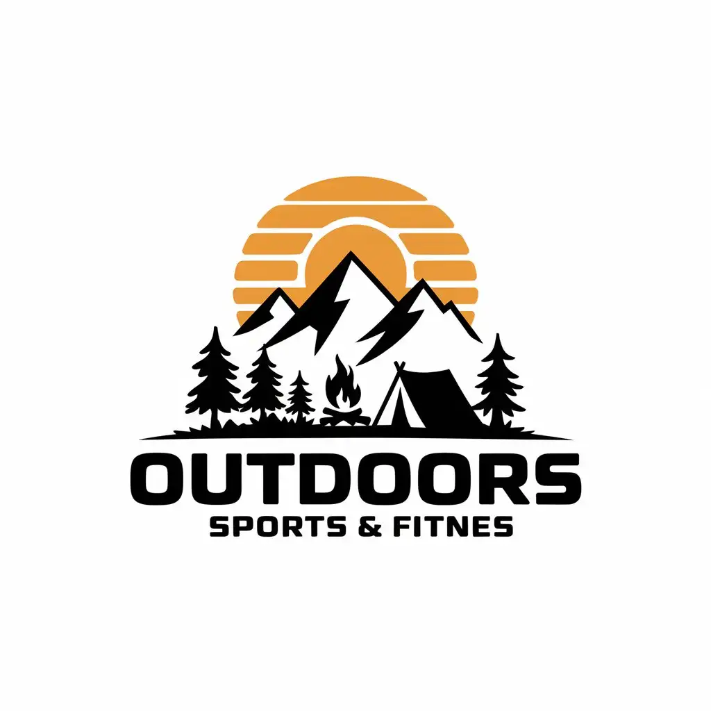 a vector logo design,with the text "OUTDOORS", main symbol:Mountains, forests, sunsets, tents, camping, campfires,nature, Moderate,clear background,complex,be used in Sports Fitness industry,clear background