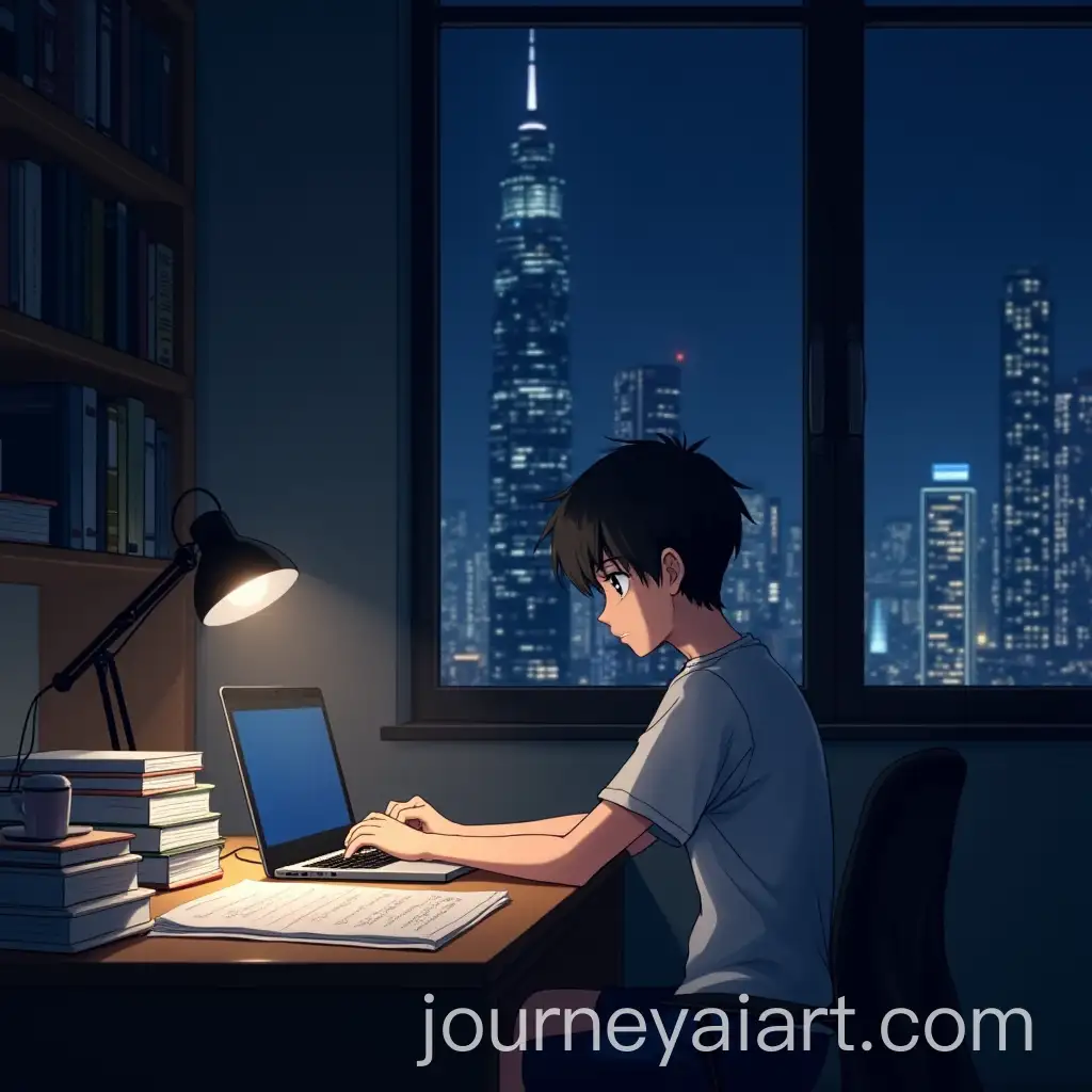 Anime-Boy-Studying-at-Desk-with-City-Night-View-and-Desk-Lamp-Lighting